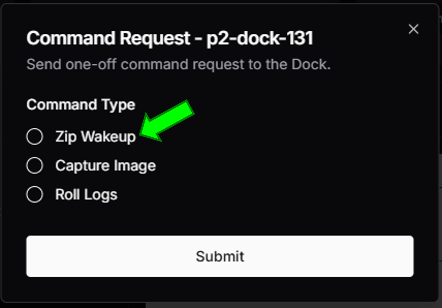 FleetWrangler Command Request modal with Zip Wakeup selected